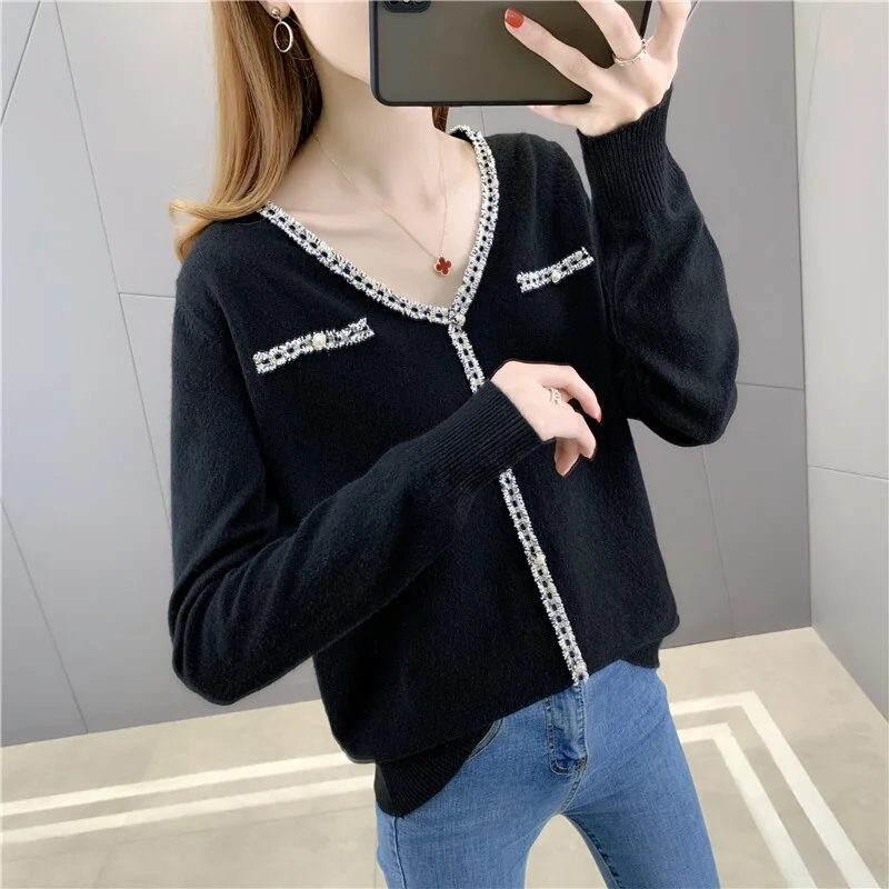 203166 room side row No.3 top] real shooting V-neck fake pocket Pullover Sweater [1000] 30