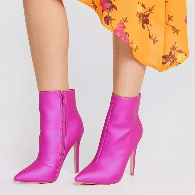 Hot Pink Classy Pointy Toe Stiletto Heel Ankle Boots |FSJ Shoes