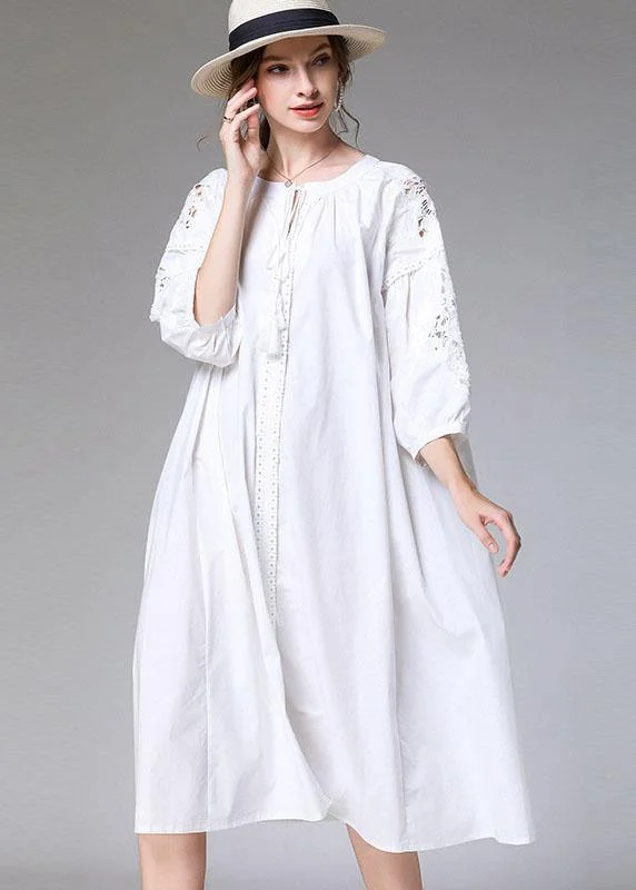 Plus Size White Loose O-Neck A Line Spring Maxi Dress Three Quarter Sleeve