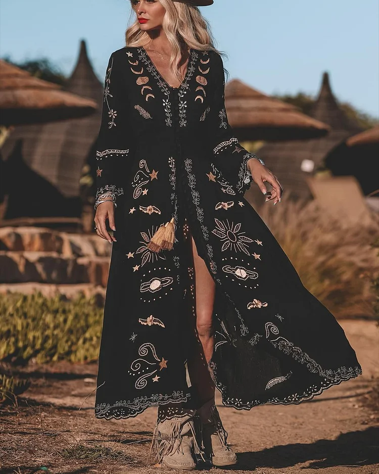 Women's V-neck long-sleeved embroidered Dress