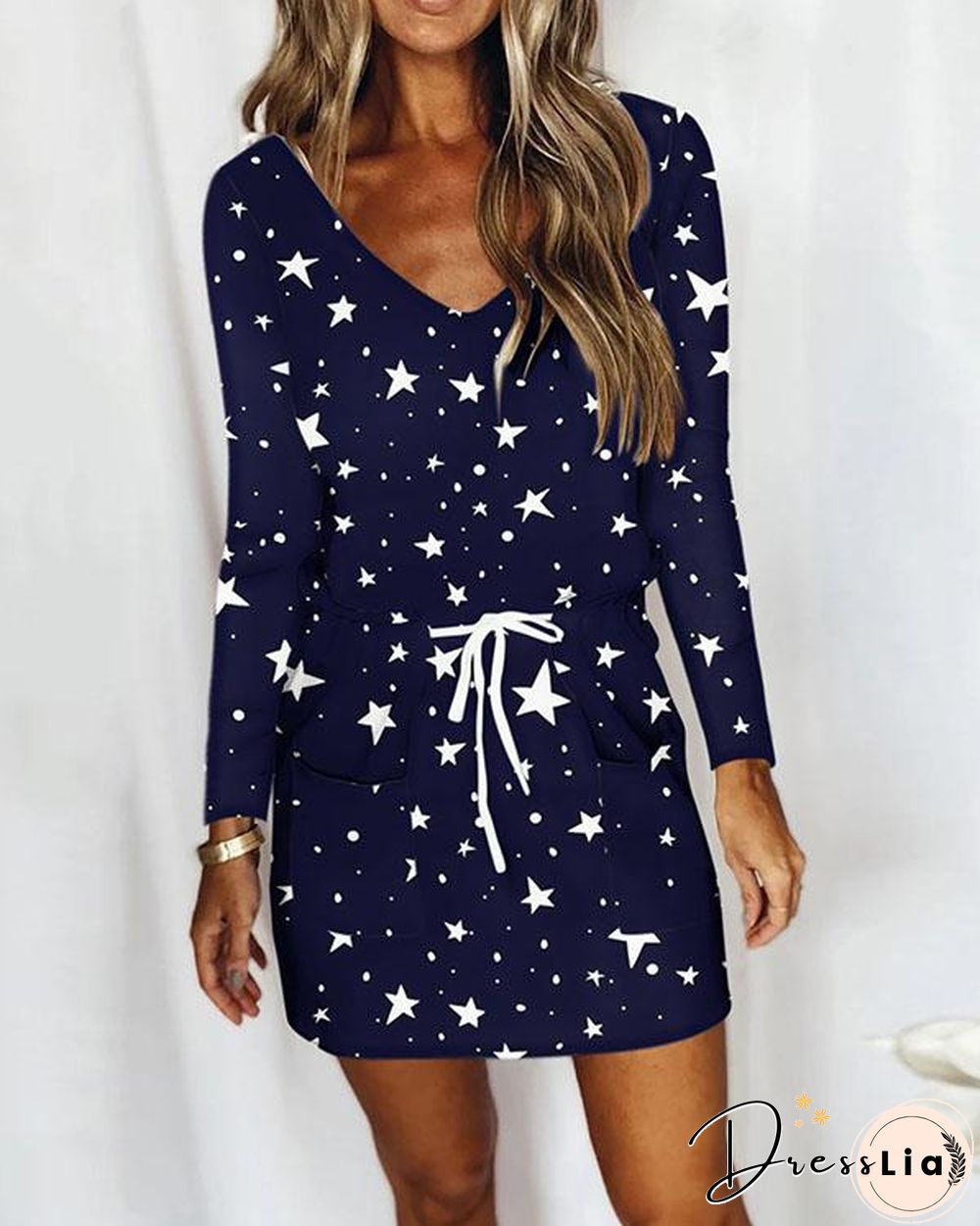 Casual V Neck Long Sleeve Print Mini Dress with Drawstring & Pockets
