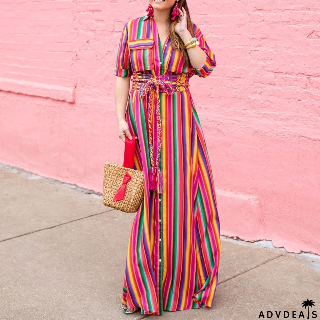 BOHO Button Down Collar Stripes Roll Up Sleeve Maxi Vacation Dresses