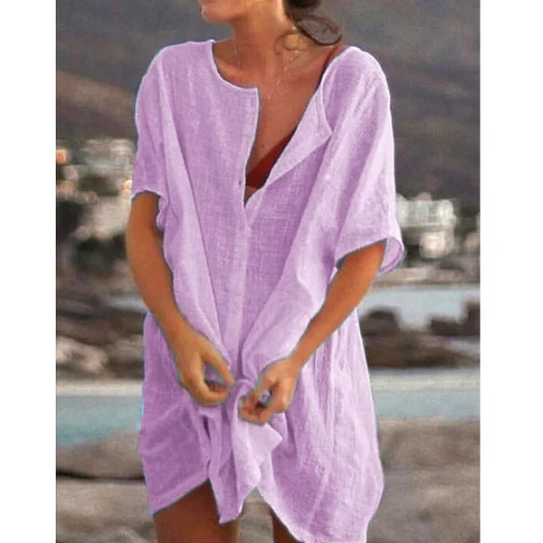 Womens Summer Short Sleeve Long Blouses Deep V-neck Loose Party Dress Ladies Casual Loose Solid Color Plus Size Beach Wear Cover-up Short Linen Dress