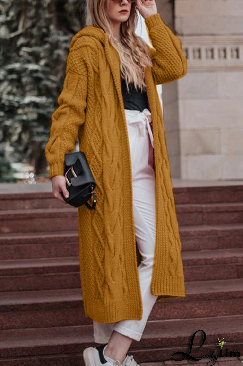 Solid Knit Hooded Sweater Cardigan