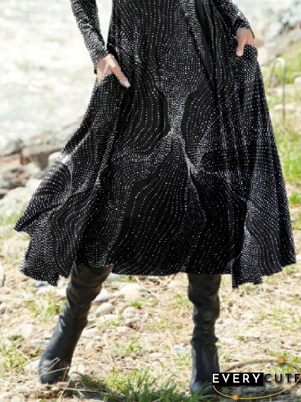Cotton Blends Geometric Crew Neck Dresses Black Dresses