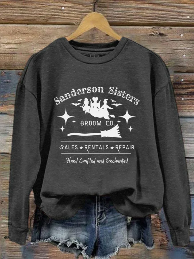 Women's Halloween Broom Sanderson Sisters Sales Rentals Repair Hand Crafted And Enhanted Print Crew Neck Sweatshirt