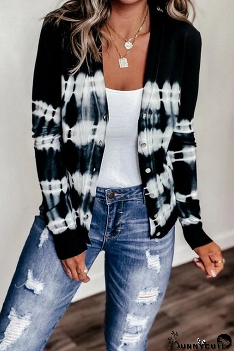 Casual Tie Dye Buckle V Neck Tops Sweater(6 Colors)