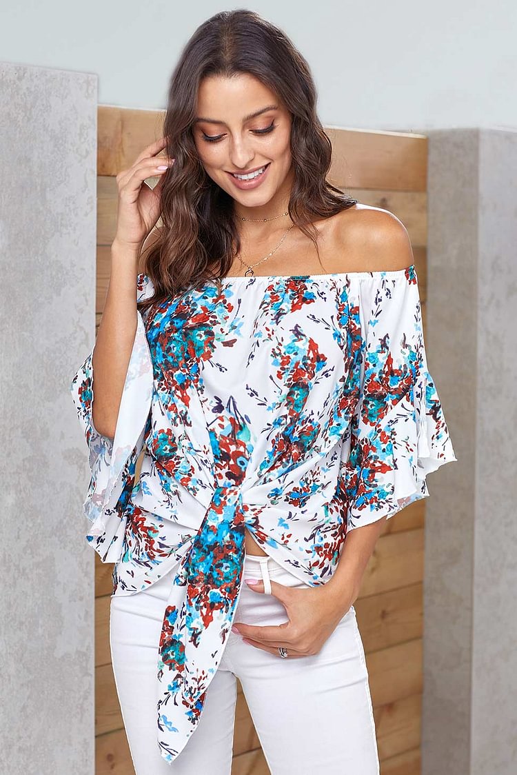Floral Off-the-shoulder Tie-front Blouse - Life is Beautiful for You - SheChoic