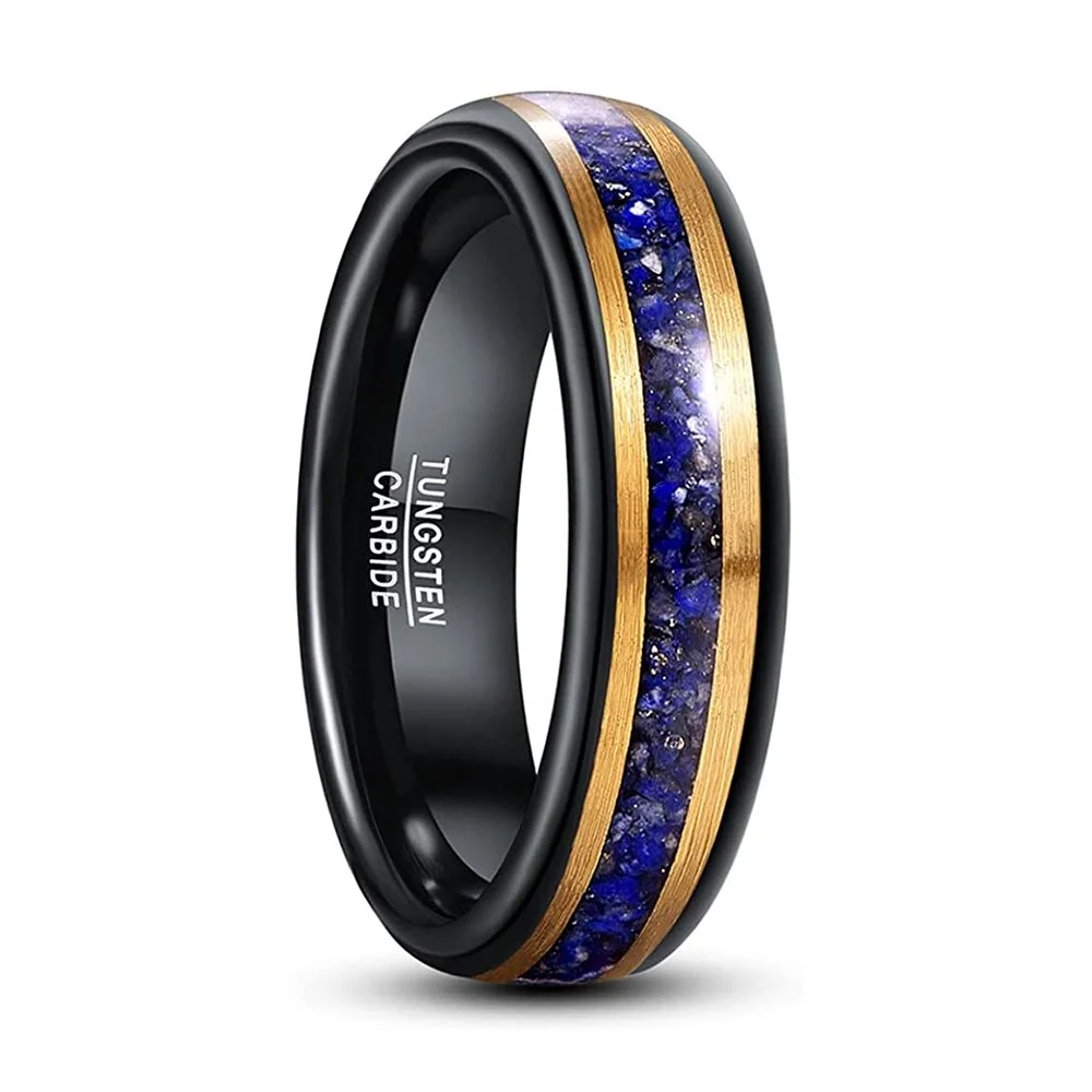 Hawaii Koa Wood And Blue Lapis Lazuli Inlay Black Tungsten Carbide Rings Men's Wedding Bands