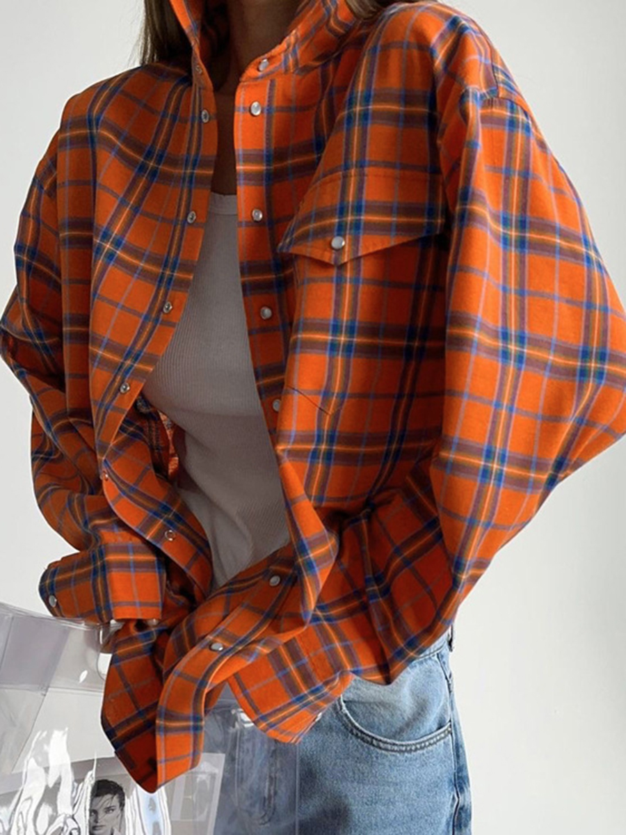 Long Sleeve Check Printed Loose Blouses