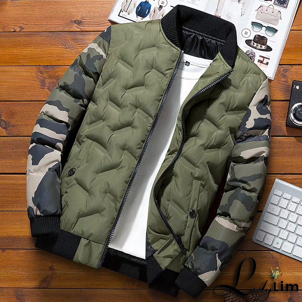 Grey Fashion Street Camouflage Print Split Joint Zipper Mandarin Collar Outerwear