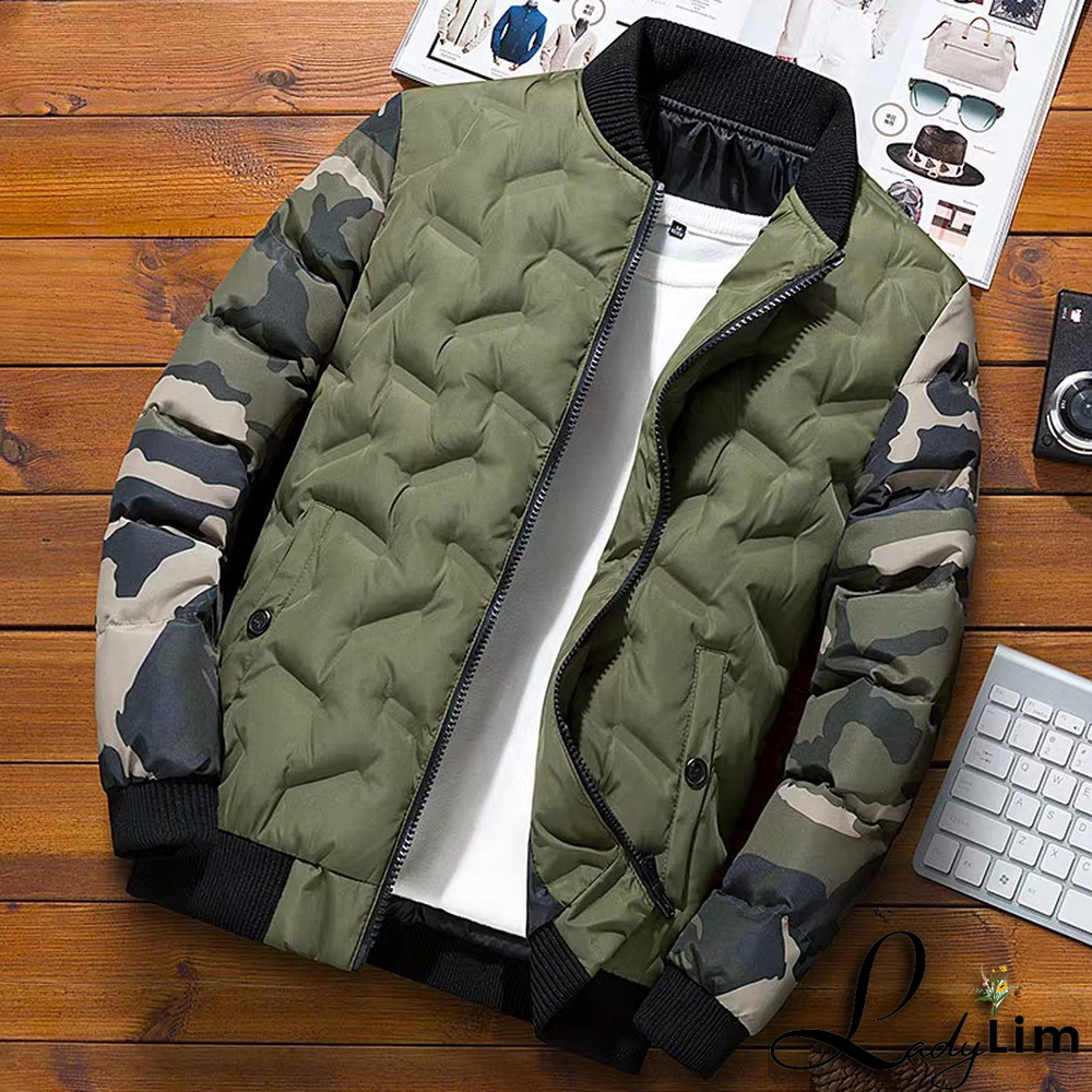 Green Fashion Street Camouflage Print Split Joint Zipper Mandarin Collar Outerwear