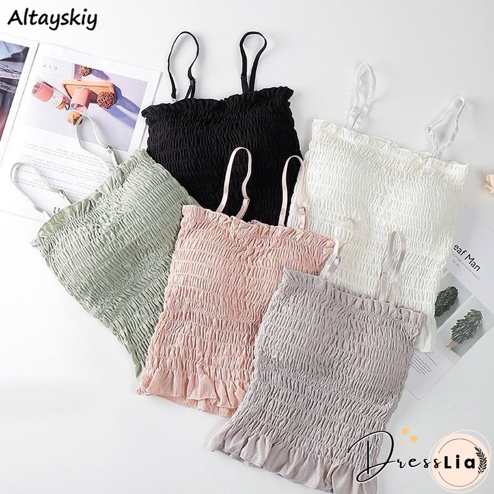 Camisole Women All Match Ruffles Female Summer Candy Color Ulzzang Sweet Preppy Style New Hot Sale Basic Mujer De Moda Soft Chic