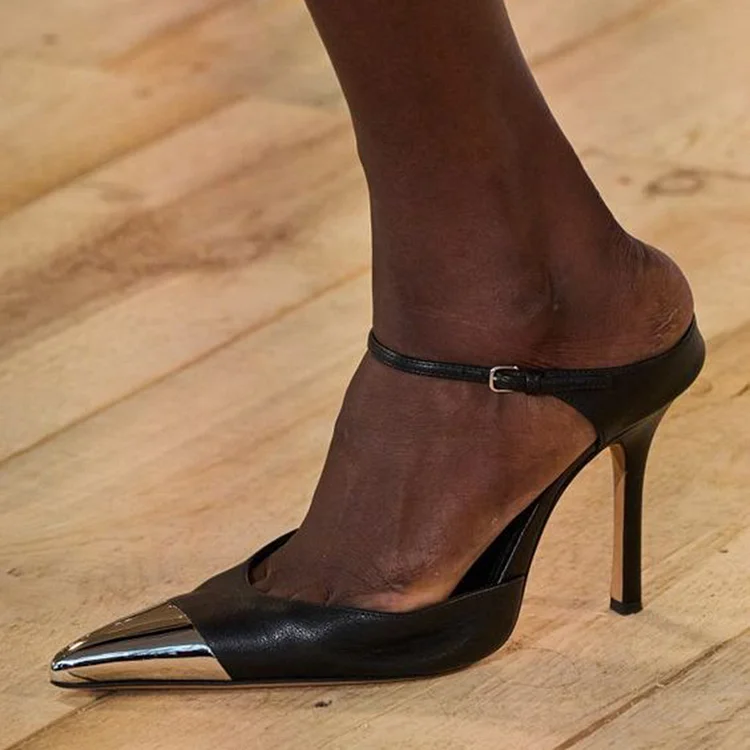 Black Pointed Stiletto Heels Women's Elegant Buckle Mule Vintage Metal Toe Pumps |FSJ Shoes
