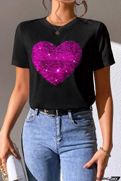 Heart Sequin Round Neck Short Sleeve T-Shirt