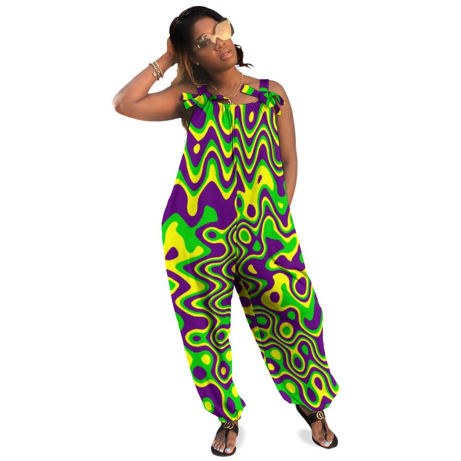 Mardi Gras Op Art Purple Green Yellow Plus Size Women Rompers Summer Casual Loose Holiday Party Jumpsuit Layered Jumpsuit Boho Long Length