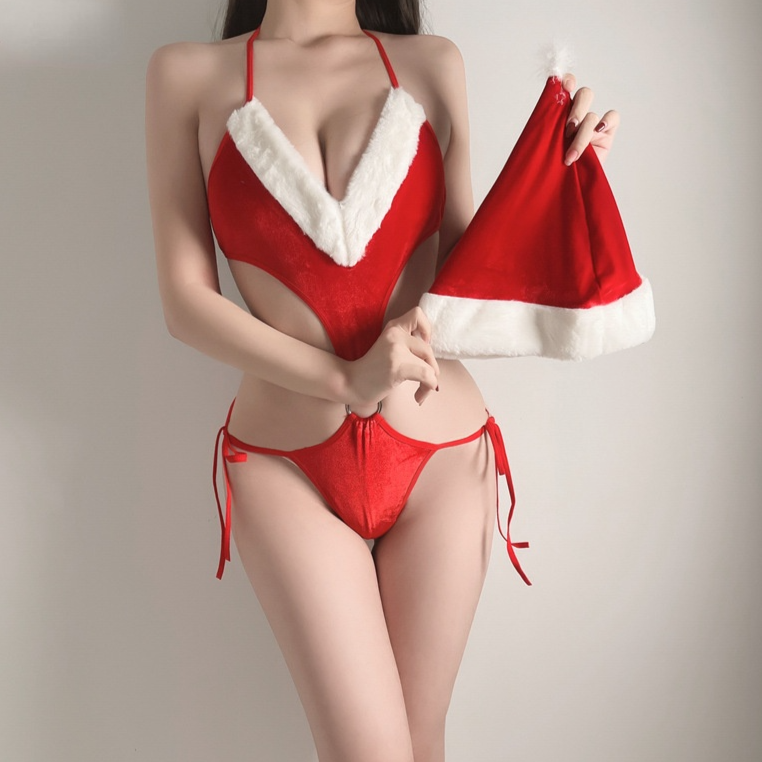 Cute Christmas Lingerie O Ring Fluffy Set with Hat SP16888
