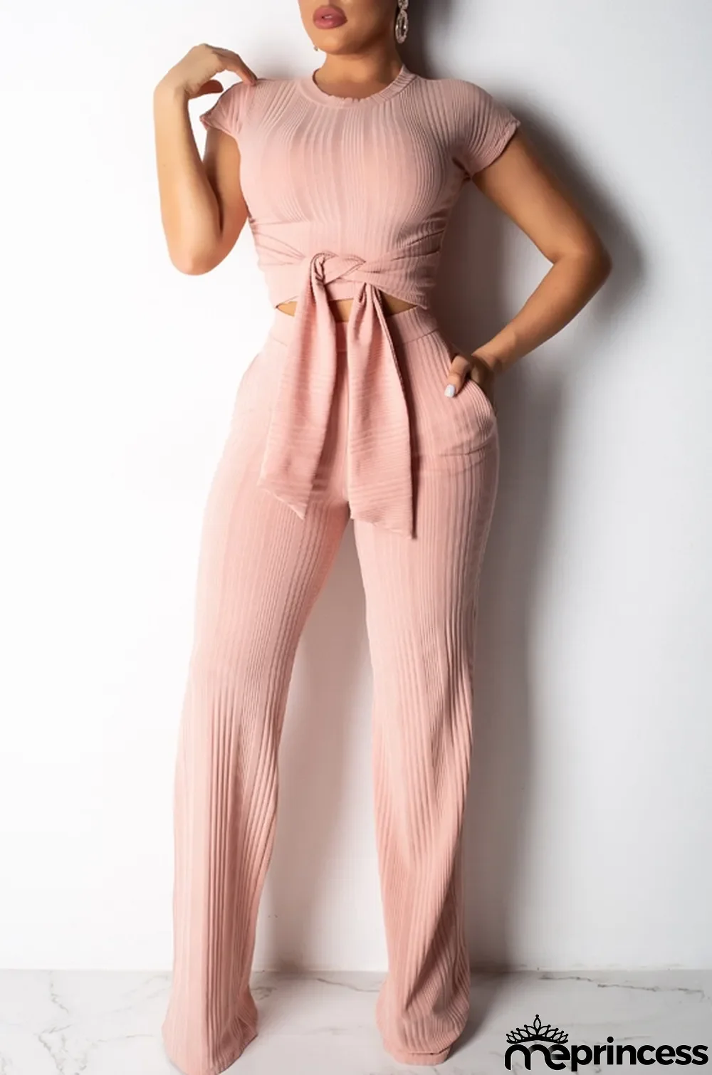Summer Casual Pink Ribbed Knot Crop Top and Pants Matching Set