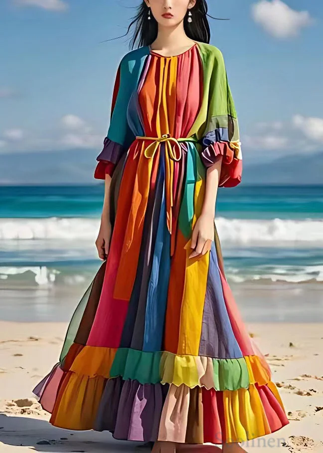 Pre sale - shipping in 30 days/Bohemian Rainbow Tie Waist Wrinkled Cotton Maxi Dresses Half Sleeve