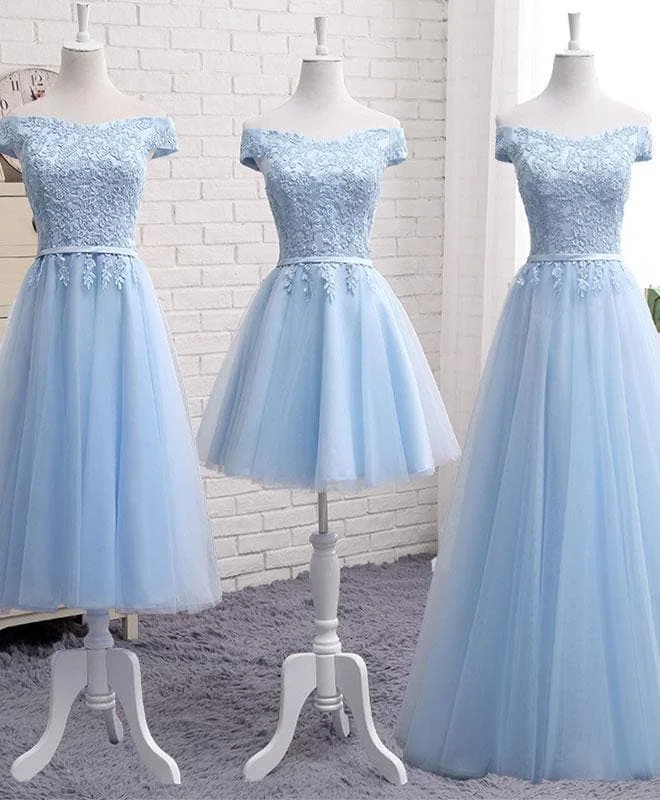 Sky Blue A Line Lace Off Shoulder Prom Dress, Lace Evening Dresses SP17209