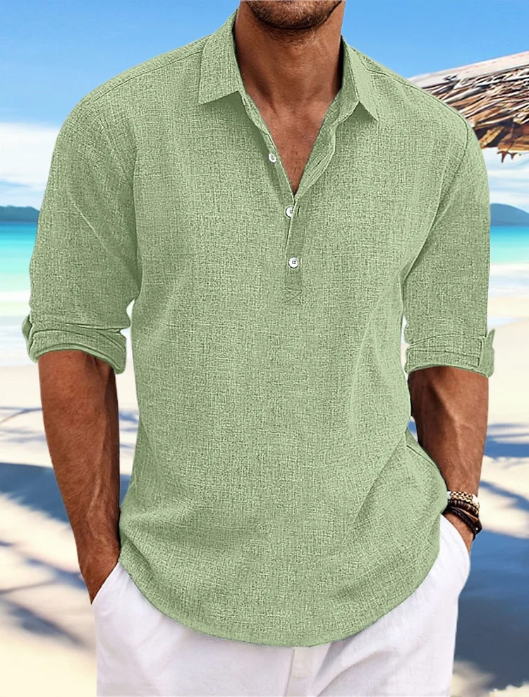 Men's Cotton Linen Pullover Shirt Collar Button Up Daily Hawaiian Long Sleeve Shirt