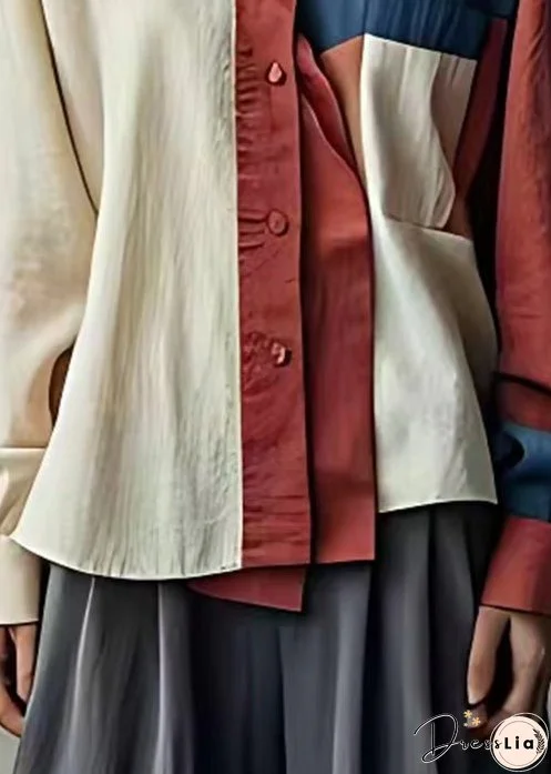 Unique Beige Asymmetrical Button Patchwork Linen Shirt Fall