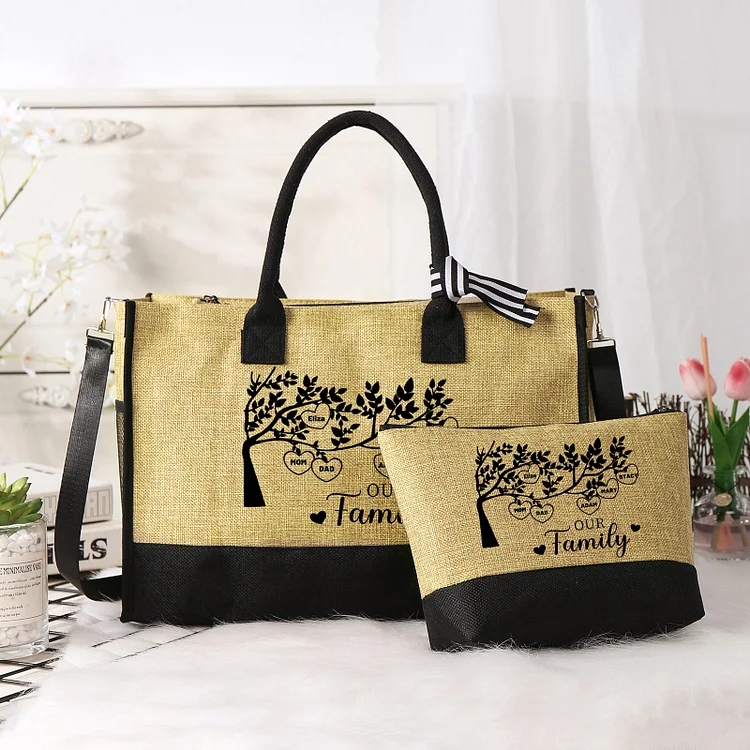 Personalized Family Tree Tote Bag Set Custom 6 Names & 1 Text Handbag Large Capacity Shoulder Bag Shopping Bag Zipper Bag Gift for Mother/Grandma