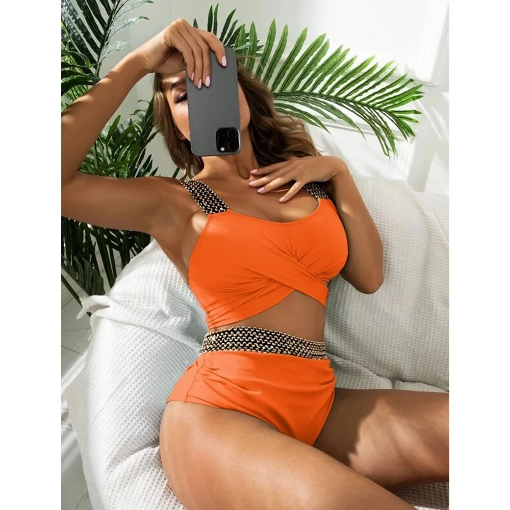 2022 New Women Two Piece Cross Wrap Bathing Suit Tie Back High Waist Tummy Control Swimsuit Curvy Bikini Set Swimwear biquini