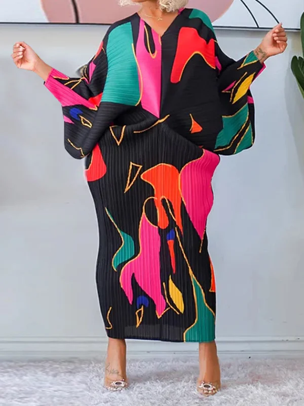 Multi-Colored Printed Batwing Sleeves Half Sleeves V-Neck Midi Dresses