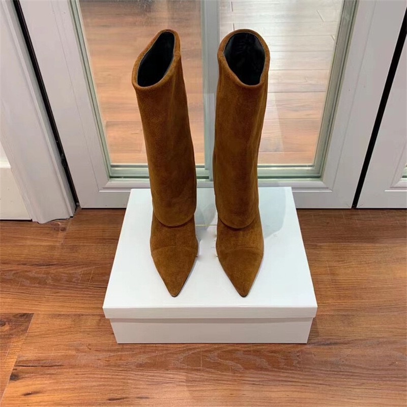 100mm Women's Pointed Toe Stiletto Heel Red Bottom Ankle Boots Suede Boots-MERUMOTE