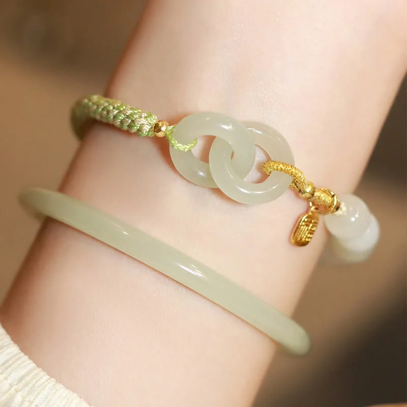 Natural Hetian Jade Bead Double Peace Buckle Fu Character Abundance Braided Bracelet