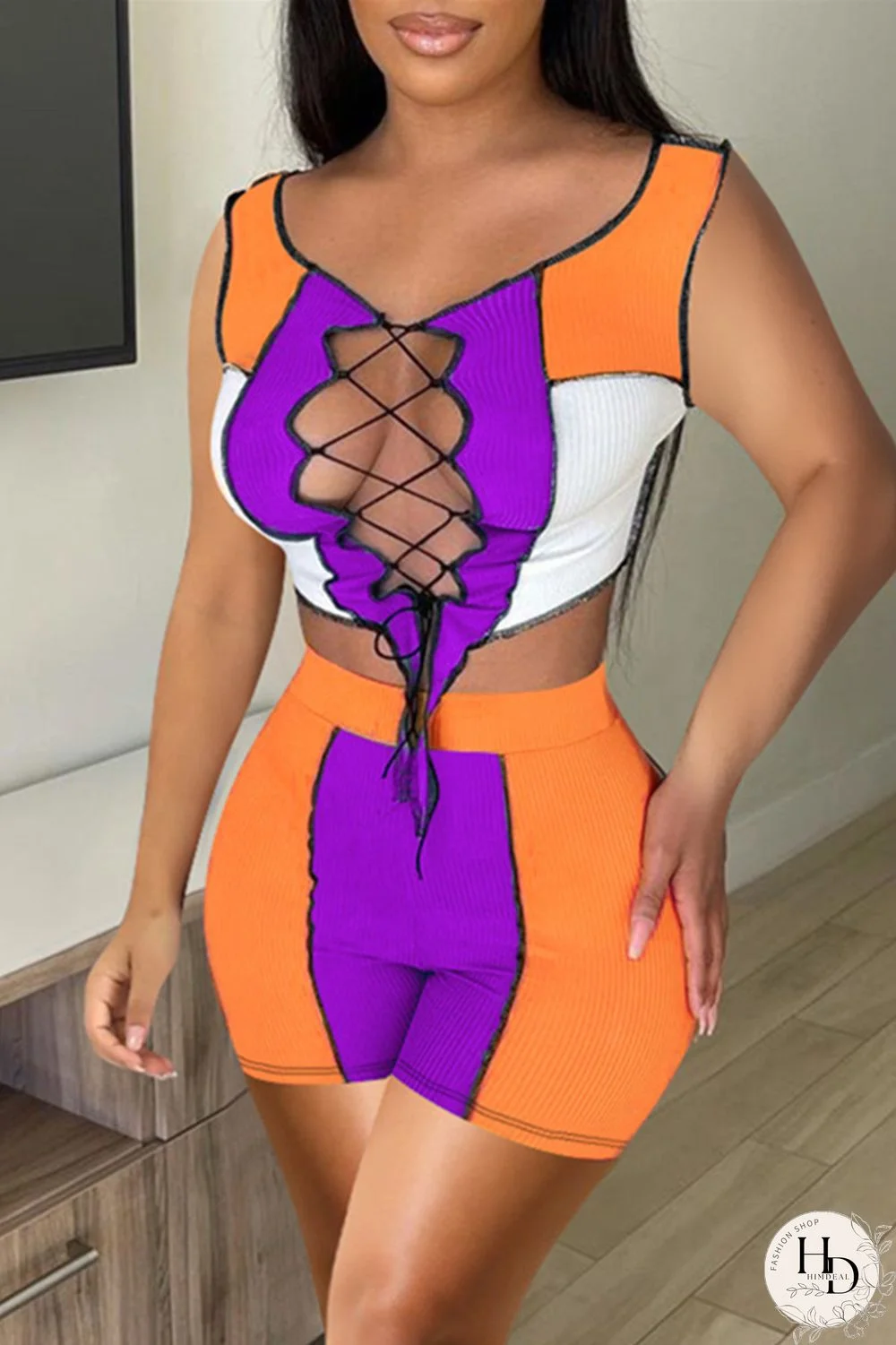 Orange Sexy Casual Patchwork Strap Design O Neck Sleeveless Two Pieces