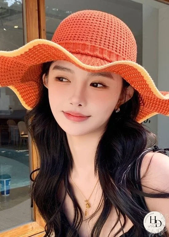 New Orange Hollow Out Bow Knit Bucket Hat