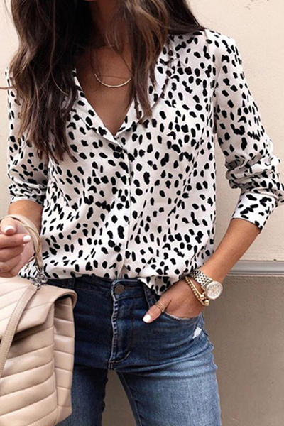 Fashion Leopard Buckle Turndown Collar Tops(4Colors)