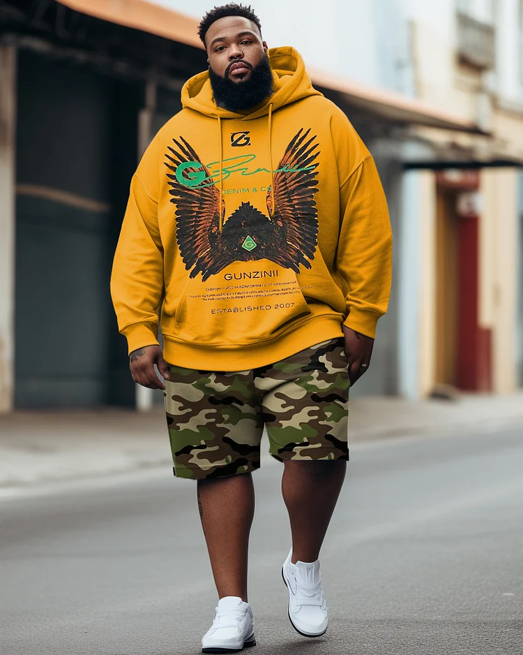 Men's Plus Size Hip Hop Wings Camo Graffiti Hoodie Shorts Two Piece Set