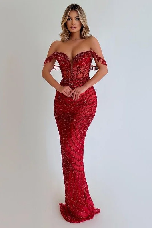 Sequins Red Prom Dress Sleeveless Strapless Long Tassel YL0066