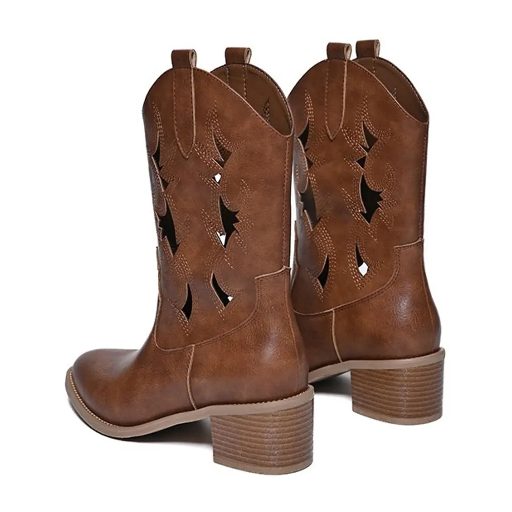 Brown Block Heel Closed Toe Hollow-Out Short Cowboy Boots for Women