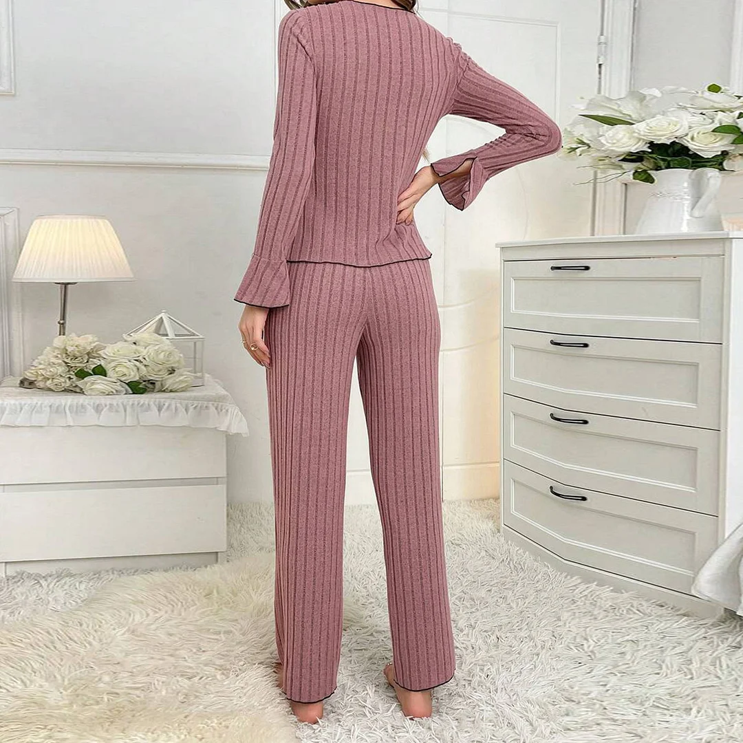 Uveng Pajamas Women Simple Fashion Collar Casual Bow Long Sleeve Trousers Homewear Suit Women