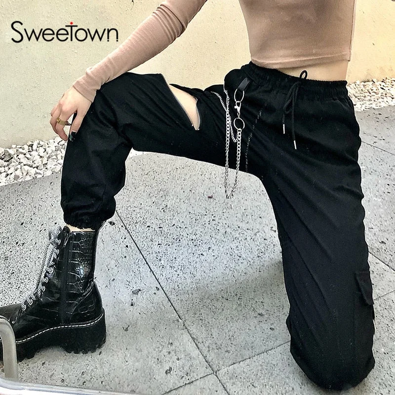 Sweetown Goth Black Cargo Pants Women Punk Style Metal Chain Girl Clothes Zip Open Hippie Elastic High Waist Streetwear Jogger