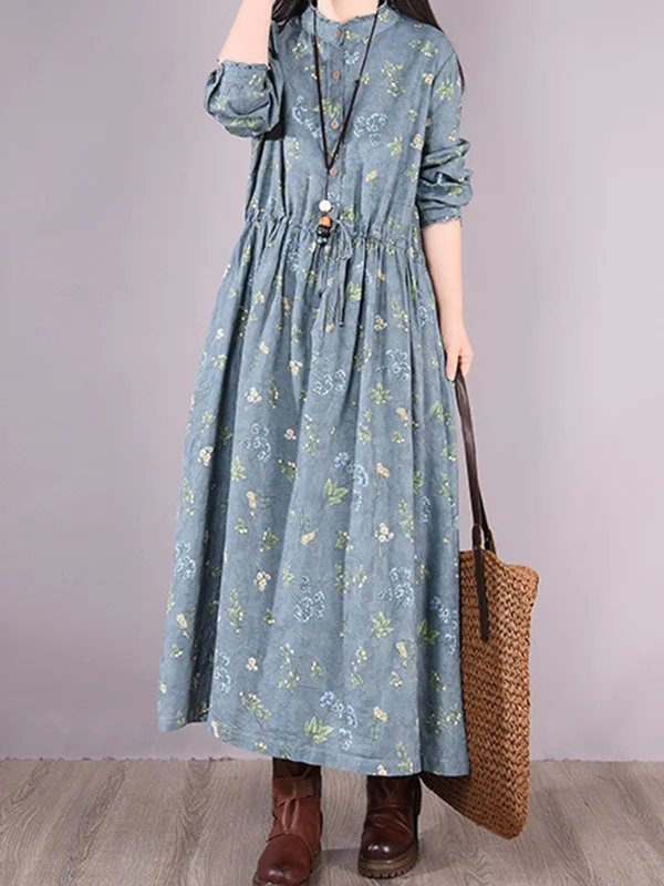 Vintage Floral Printed Ramie Cotton Loose Midi Dress