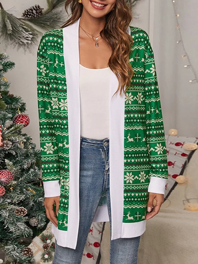 Ladies Christmas Fashion Women V-Neck Elk Printed Cardigan