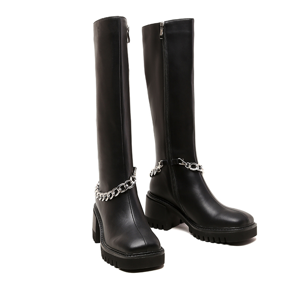 70mm Square Toe Block Heel Chain Rider Boots-vocosishoes