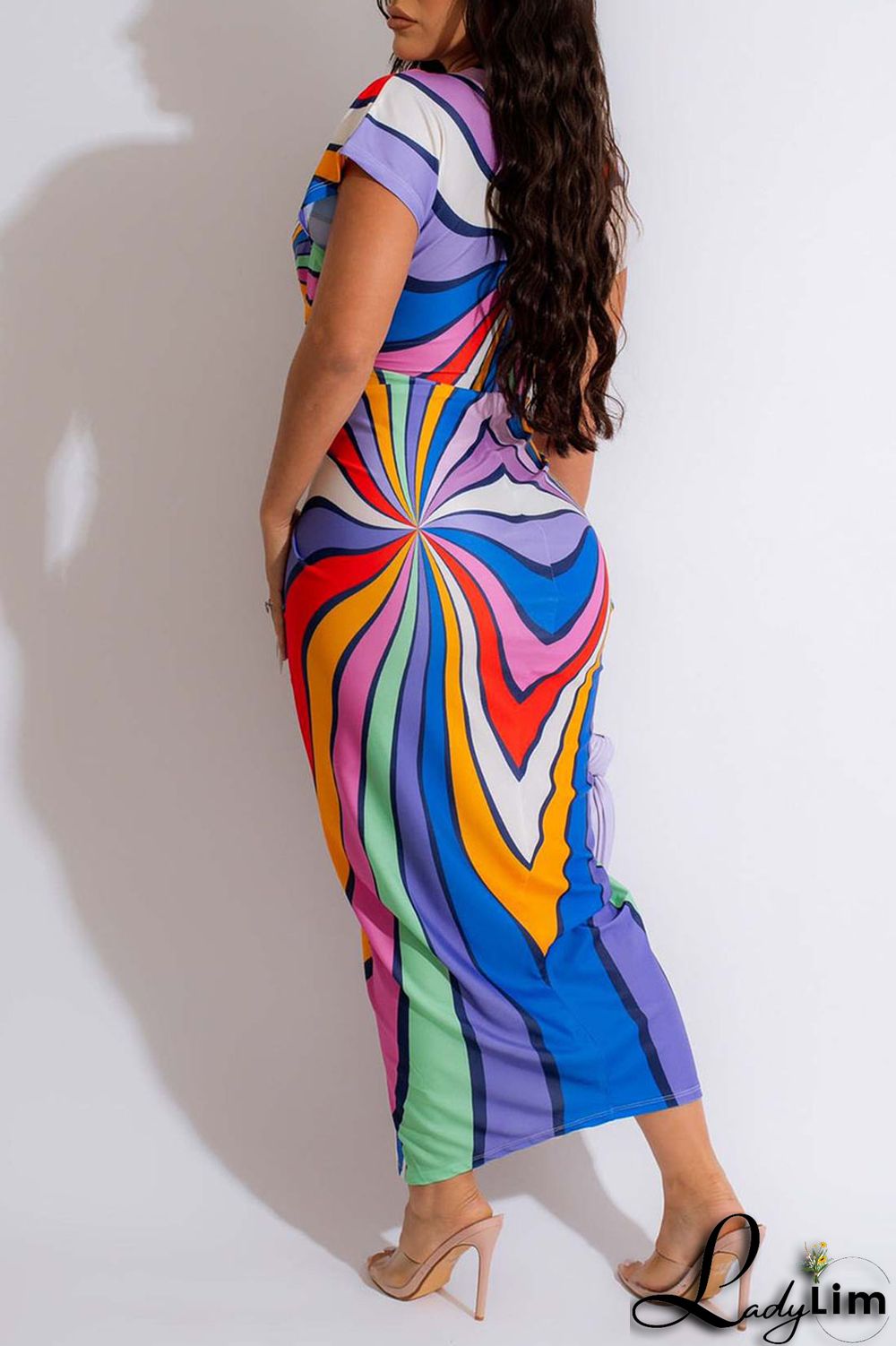Royal Blue Sexy Print Patchwork Fold V Neck One Step Skirt Dresses