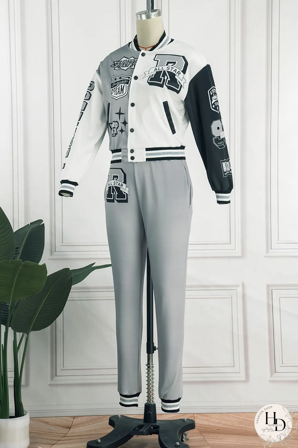 Rose Red Casual Letter Print Patchwork Cardigan O Neck Long Sleeve Two Pieces