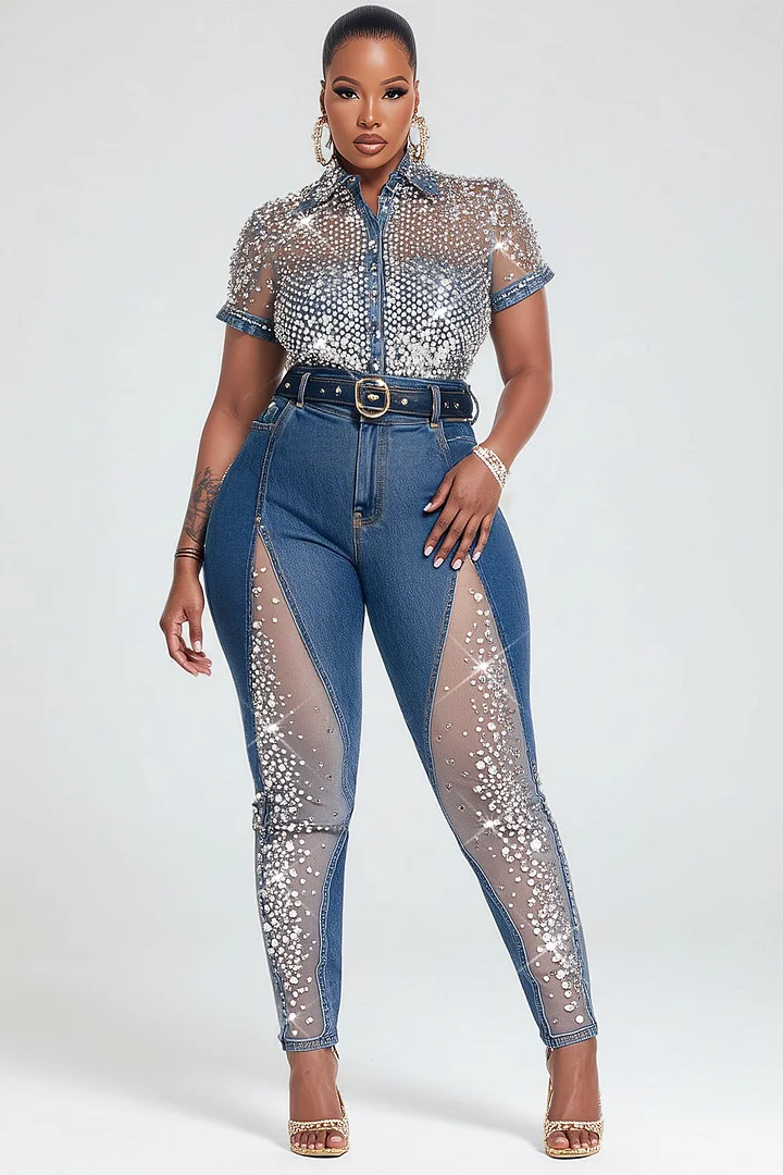 Xpluswear Design Plus Size Party Tulle Blue Drilling See Through Denim Jeans 2024 - Xpluswear