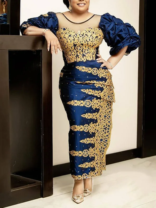 Fashion U-Neck Half Sleeve Ruffled Embroidered Sequined Maxi Dress