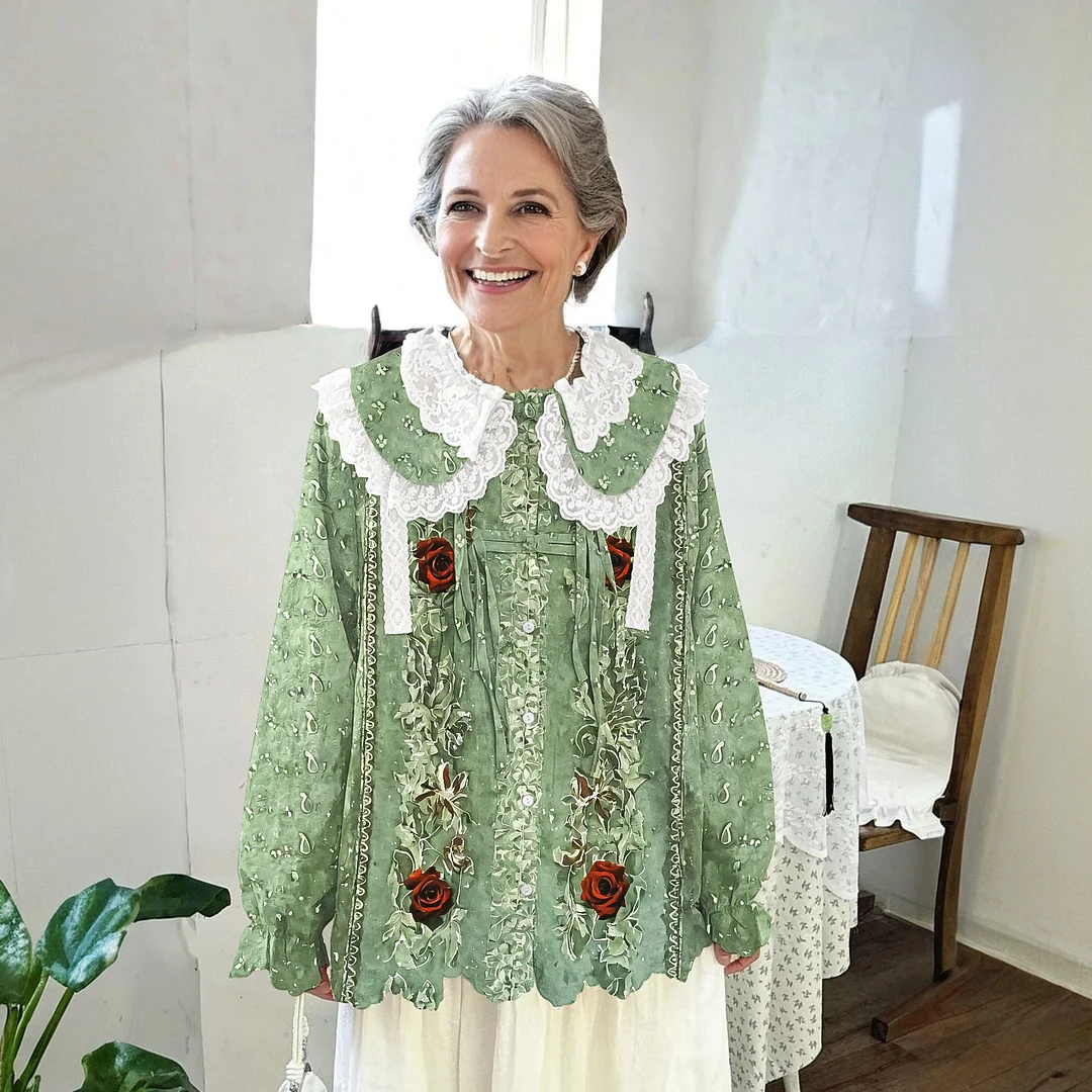 Women Printed Long Sleeve Round-neck  Cute Collar Shirts Blouses Green