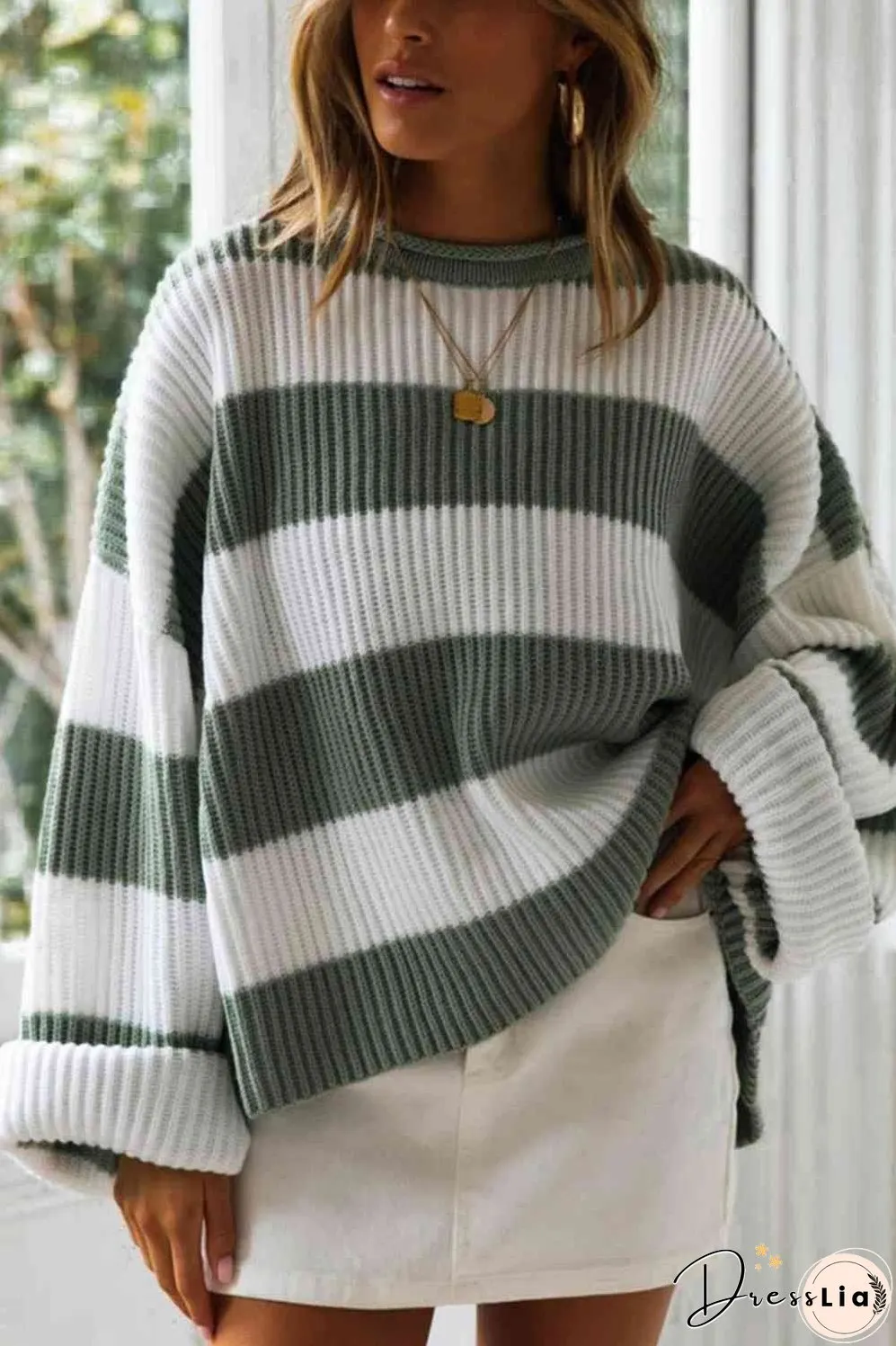 Striped Round Neck Long Sleeve Sweater