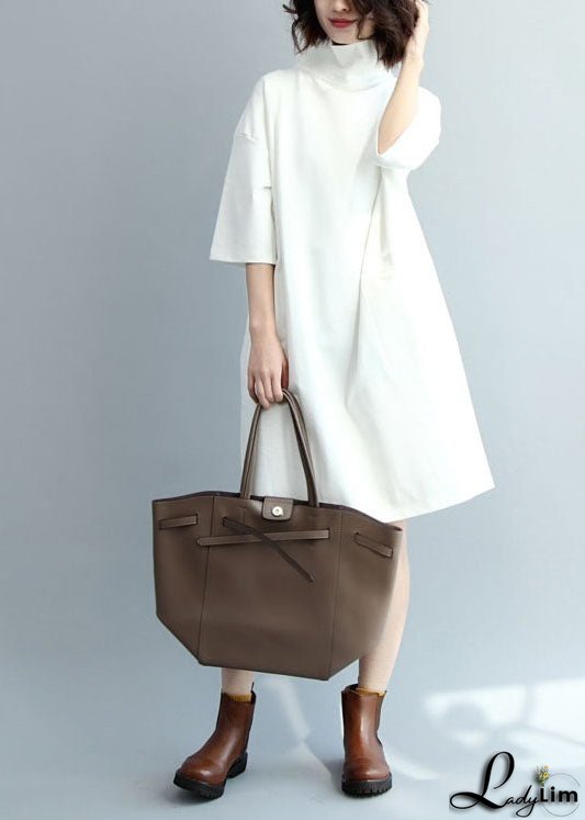 Beautiful White Turtle Neck Cotton Maxi Dresses Half Sleeve