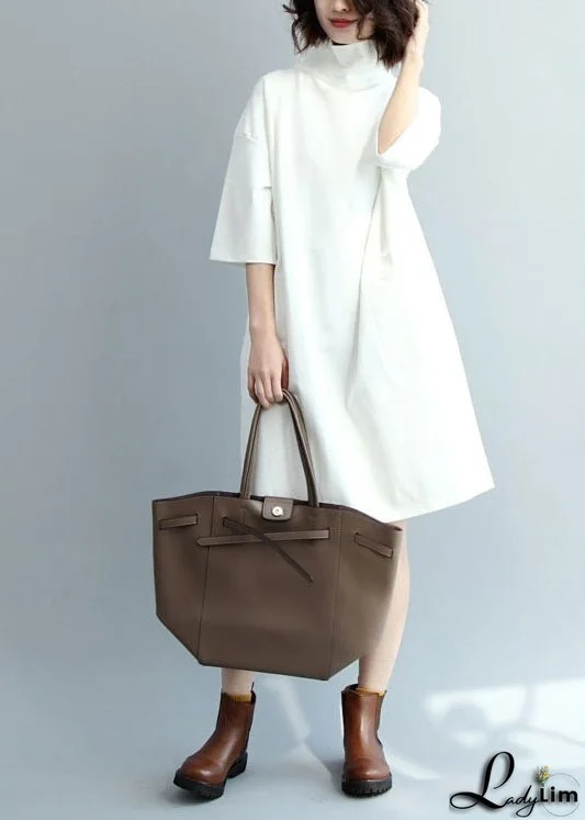 Beautiful White Turtle Neck Cotton Maxi Dresses Half Sleeve
